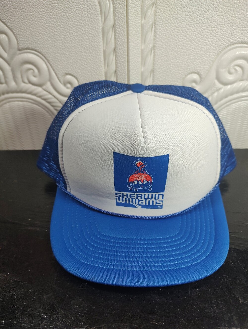 Vtg Sherwin Williams Blue and White Trucker Cap Snap Back